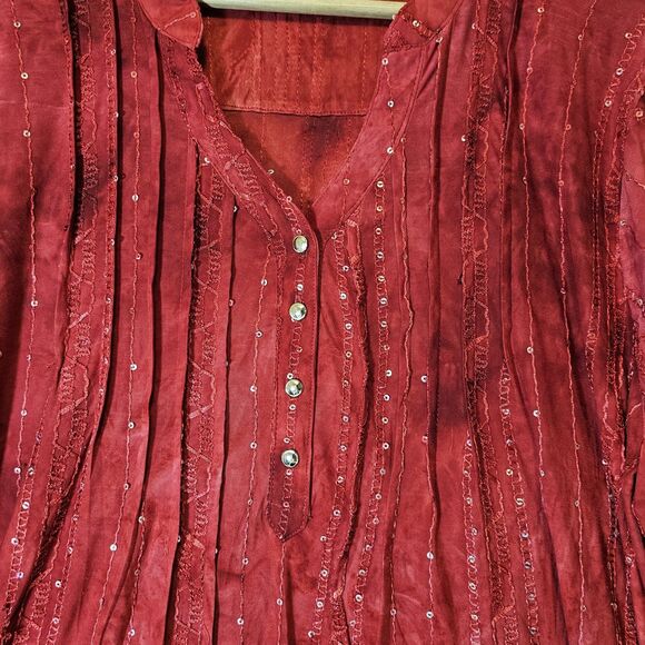 Cocomo Woman Tunic Top  2X Red Sequins Boho Jersey  3/4 Sleeve V Neck Blouse - Picture 4 of 10